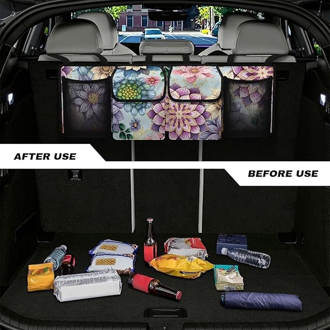 Bohemian Mandala Floral Flowers Car Trunk Organizer, Space Saving Expert, 4 Compartments, Multicolored