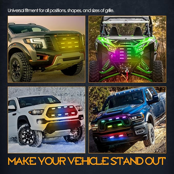 Nirider RGB LED Grille Light Kit Strobe Lights Underglow Rock Light Truck Lights for Tacoma 4Runner GMC Chevy Car SUV ATV UTV Grille Accessories - 8 Pods