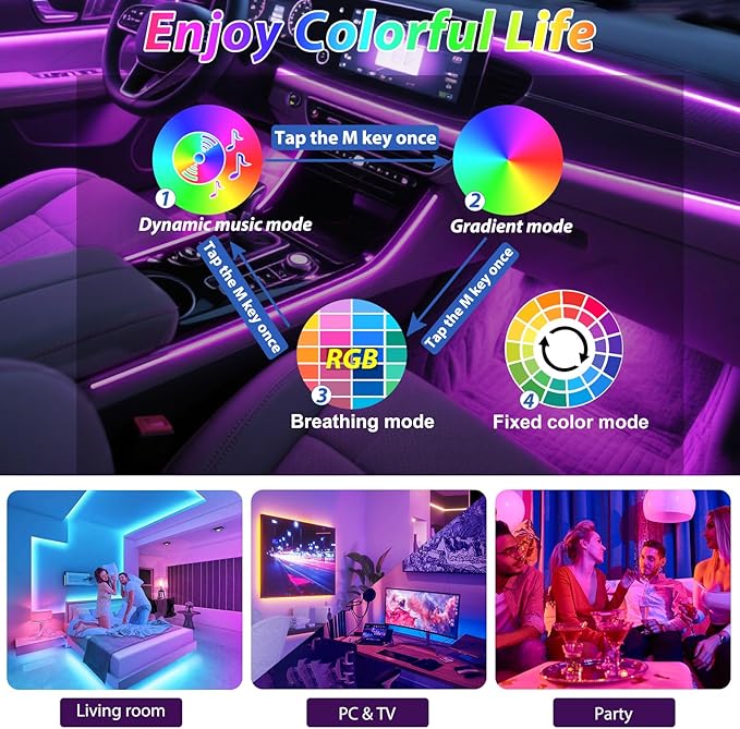 6 in 1 Car Led Strip Lights with App Control, RGB Colors Interior Car Lights, Ambient Led Lighting Kit, 4 Light Flashing Modes, USB Neon Accessories for Doors, Center Console