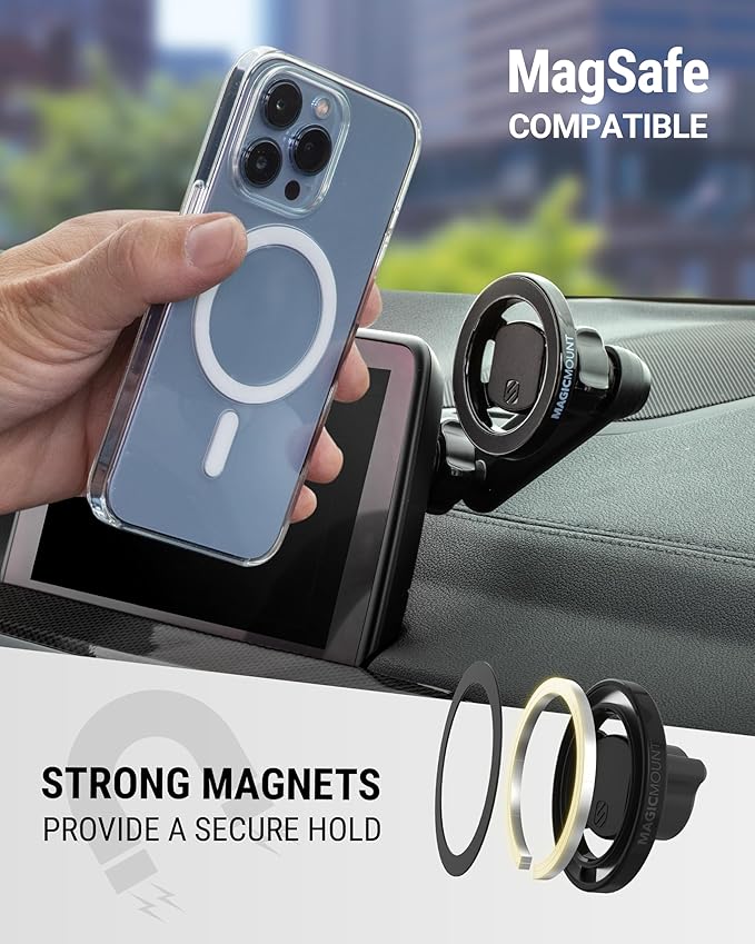 Scosche SMS1ODVR-1 MagicMount 5-in-1 MagSafe Phone Mount for Car Vent, Dashboard and Back of Display for Floating Screens, Hands Free Magnetic Cell Phone Holder Compatible with iPhone 16 15 14 13 12