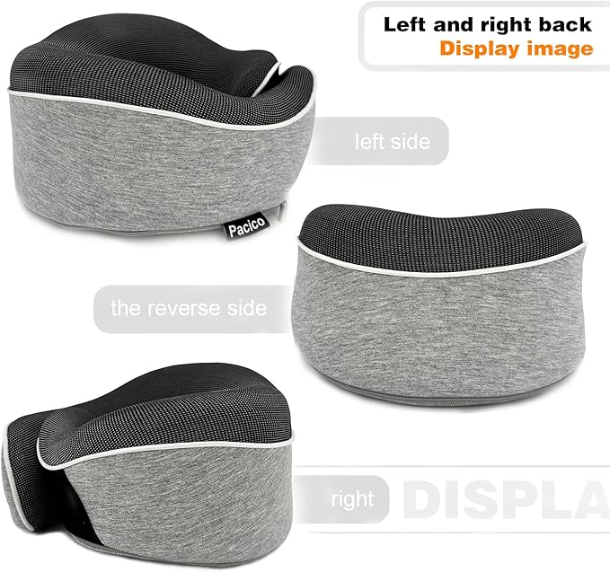 Travel Pillow 100% Pure Memory Foam Neck Pillow, Sleeping Pillow for Car, Train and Airplane, Travel Kit with 3D Contoured Eye Masks and Earplugs (Light Gray)