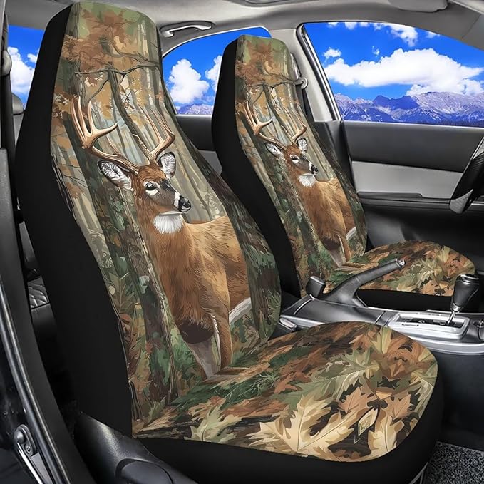 ELEQIN Car Seat Covers, Camo Hunting Deer Seat Cover Front Car Seat Cushion, Front Auto Protector Universal Fit Most Cars, Automotive Interior Accessory
