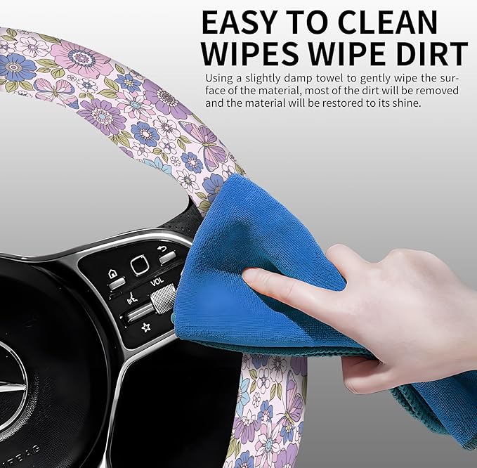 Elastic Car Steering Wheel Cover, Universal 15 inch Non-Slip Breathable Neoprene Steering Wheel Protector, Car Accessories for Women Men Fit Auto, Suvs, Truck Purple Flowers