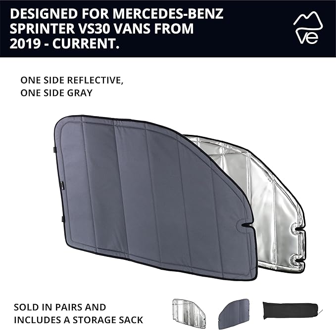 VanEssential Insulated Reflective Blackout Magnetic Window Covers Designed for Mercedes-Benz VS30 (Van Years 2019 to Current), Front Door (Pair), Charcoal Gray Reflective