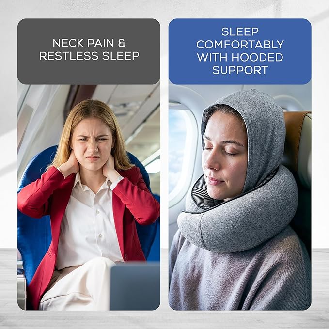 Travel Neck Pillows for Airplanes – Sleep Comfortably on Long Flights, Roadtrips, Home or Office. All-in-One Travel Sleep Kit with Hood, Eyemask and Earplugs