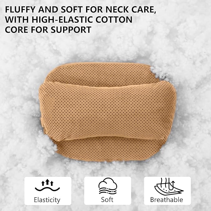 Car Neck Pillow, Soft Breathable Leather Car Neck Pillow Comfortable Head Neck Rest Support Cervical Pillow with Adjustable Strap, Universal Fit Cars SUVs Sedan Home Office (Light Brown)