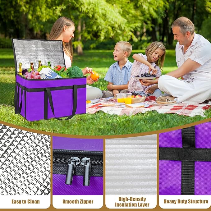 PEASUG Insulated Bags for Food Delivery, XXXL Pizza Delivery Bags, Large Capacity Cooler Bag Keep Food Warm for Grocery Shopping and Catering, Foldable, Heavy-Duty (Purple)
