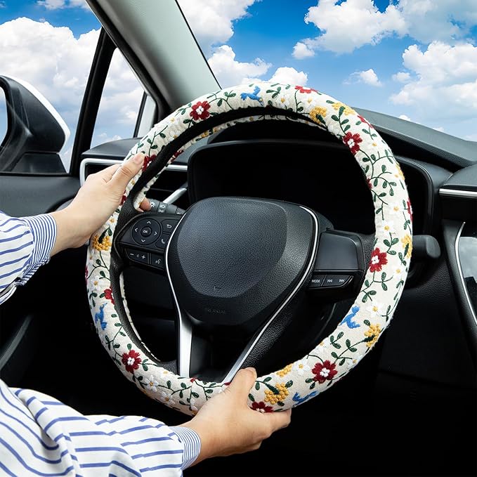 Embroidered Red Flower and Cute Daisy Steering Wheel Cover Auto Anti-Slip Breathable Rubber Steering Wheel Protector,Floral Car Accessories for Women,Universal Size Fit Most Cars -15 inch