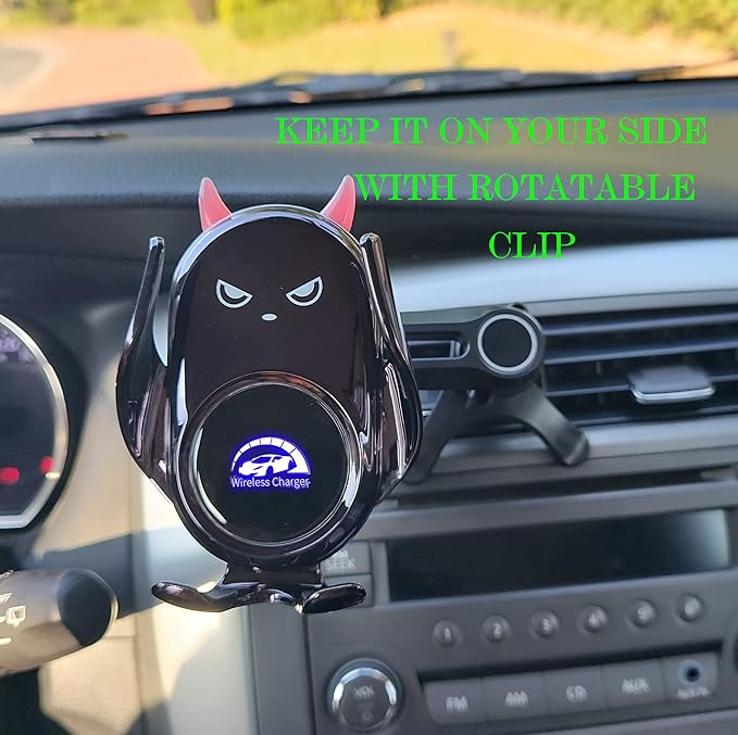 Car Phone Holder Mount Wireless Charging Auto Clamping with Rotatable Vent Clip Cute Demon for iPhone Samsung Galaxy Andriod Phone