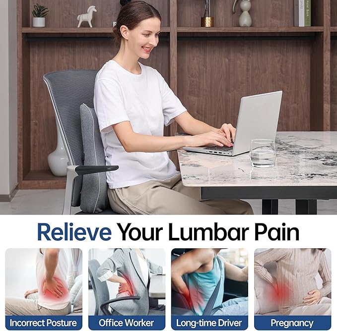 Lumbar Support Pillow for Office Chair, Back Support Pillow with Memory Foam, Relieves Back Pain, Removable Washable Cover & Adjustable Strap, for Car/Gaming Chair,Gift-Grey
