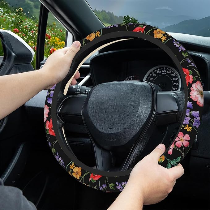 Colorful Floral Flowers Steering Wheel Cover, Elastic Non-Slip Steering Wheel Protector,Auto Interior Decor for Women Girls,Universal 15" Fit for Sedans,Trucks