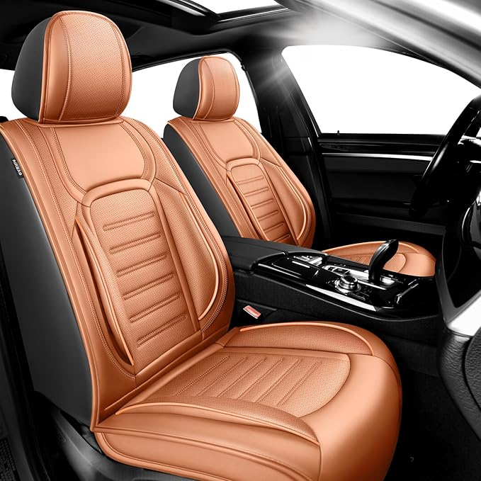 Fit Tucson Premium Leather Car Seat Covers Compatible with Hyundai Tucson 2010-2026, Breathable, Wear Resistant, Airbag Compatible, All-Weather Protection & Full Coverage, 2 Front Seat Brown