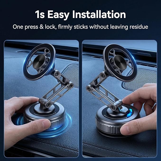 Vacuum Suction Car Phone Mount [80LBS Strong Suction & 3-Section Long Arm] Magnetic Dashboard Holder for Car, 360° Rotation Stand with Metal Ring for iPhone 17 16 15 14 13, Samsung & All Phones