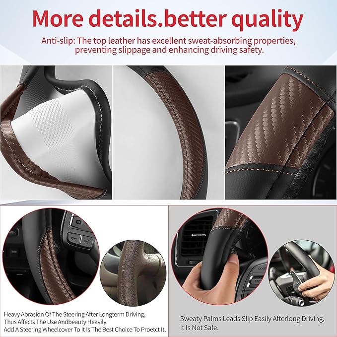 Non-Slip Car Nappa Leather Steering Wheel Cover,Universal Car Accessories Women Men Fit 14" 1/2-15" Suvs/Vans/Sedans/Cars/Trucks,Brown