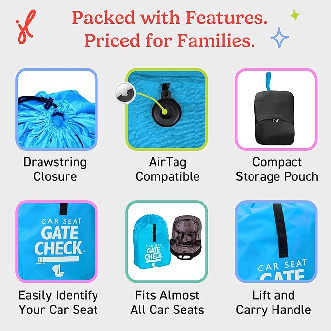 J.L. Childress Gate Check Travel Bag for Car Seats - Car Seat Travel Bag for Airplane, Includes AIRTAG Holder, Fits All Baby Carriers, Infant Carriers & Child Booster Seats - Neon Blue