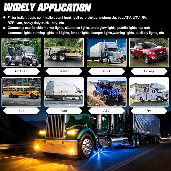 6-Pack Dual Color Watermelon Lights LED Strobe & Steady Mode, Roof Clearance Side Marker Warning Lights Amber Blue Suitable for Truck Trailer Kenworth Peterbilt Freightliner