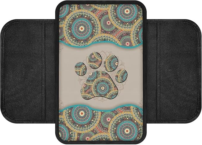 Boho Floral Dog Paw Pattern Car Center Console Cover Elastic Car Armrest Seat Box Cover Cushion Non-Slip Auto Armrest Pad with Pockets Storage Bag Car Decor Accessories