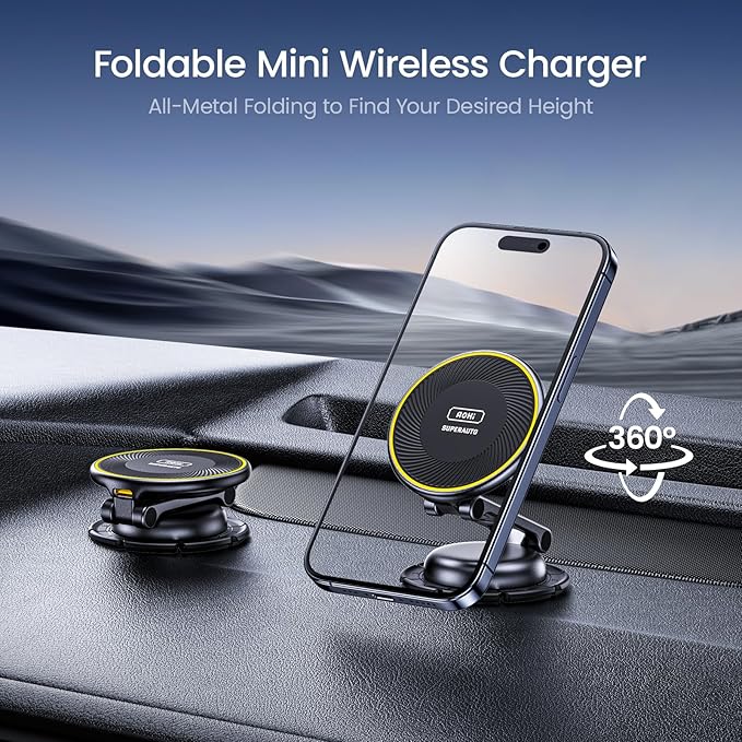 AOHI for Wireless MagSafe Car Mount Charger, All-Metal 15W Fast MagSafe Charger, Hands Free Magnetic Phone Holder Dashboard for iPhone 16 Pro Max/iPhone 15 14 13 12 Pro Max Plus, Black