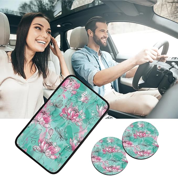 Car Armrest Cover Pads Universal Fashion Cute Auto Center Console Armrest Cover Pad with 2PCS Car Coasters Soft Waterproof Car Armrest Seat Protector for Women, Watercolor Pink Lotus