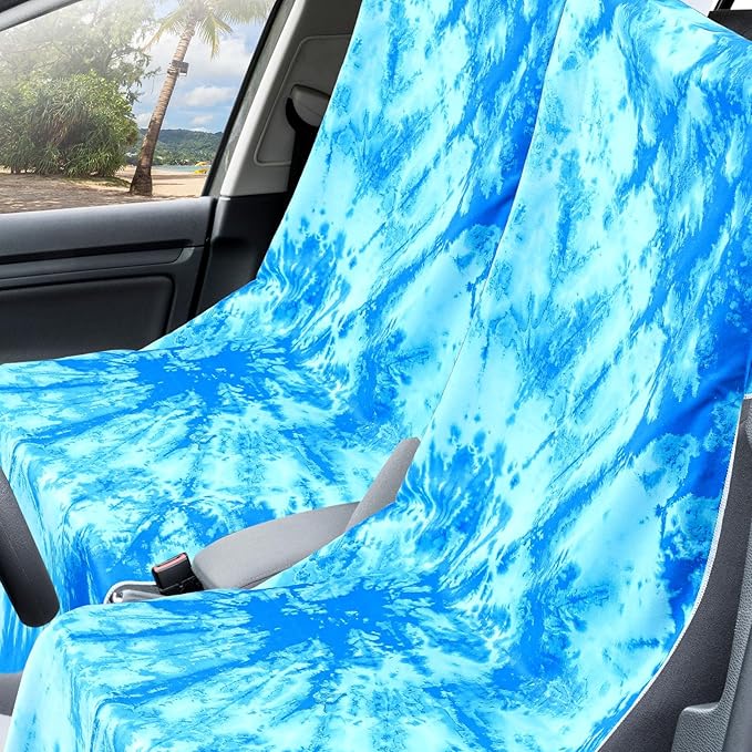 1 Pack Car Seat Towel Covers with Storage Bag 63 x 32 Inch Athletic Running Towel Seat Sweat Washable Non Slip Cover Gift for Car Outdoor Sport Activities (Blue Tie Dye)