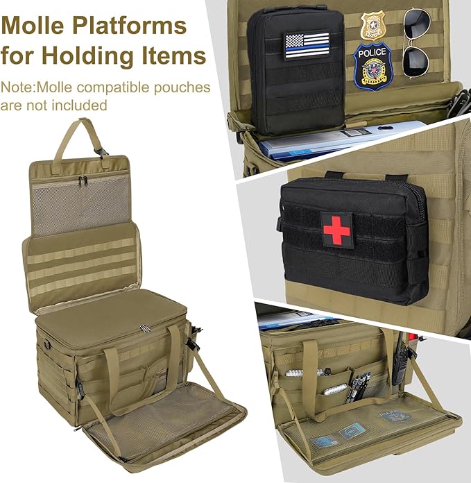 Patrol Bag Law Enforcement Police Gear Bag, Car Front Seat Organizer Tactical Officer Duty Bags, Police Car Accessories for Passenger Seat, Multiple Compartment Removable Shoulder Strap, khaki