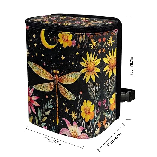 Moon Floral Dragonfly Car Trash Can with Lid, Cute Leakproof Car Trash Garbage Bag Hanging Vehicle Trash Bin Small Portable Automotive Garbage Cans Organizer for Back/Front Seat/Console