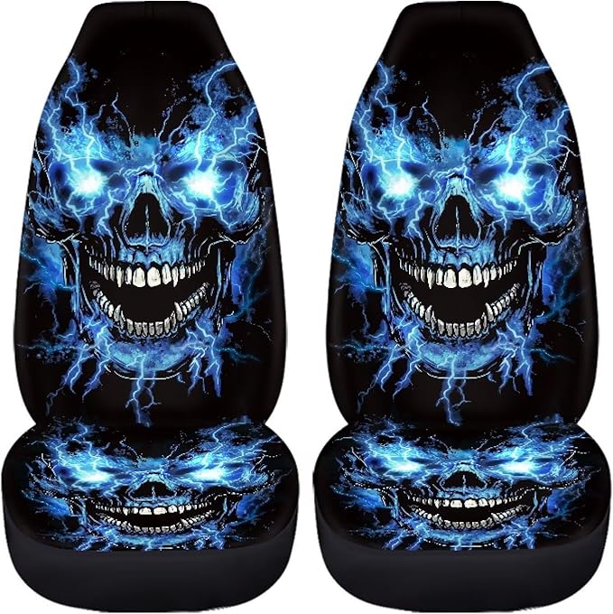 Blue Flame Skull Car Front Seat Covers Soft Car Seat Cover Easy Installation Breathable Front Seat Cover Protection Interior Accessories Universal for Auto Truck Van SUV 2 Pcs