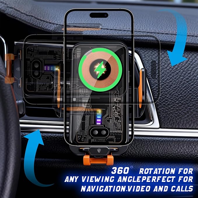 Fast Wireless Car Charger Wireless Charging Phone Mount for Car Magnetic Navigation Car Phone Holder Automatic Smart Sensor Clamping Rotating with Charger Station Fast Wireless Charger Max 120W(Black)