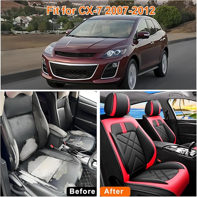 CX-7 Car Seat Covers Fit for Mazda CX-7 2007-2012, Full Coverage Premium Leather Waterproof Breathable Seat Covers, Automotive Seat Protectors, Airbag Compatible(Full Set Seats, Black & Red)