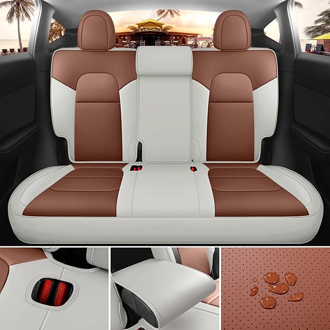 Leather Car Seat Cover for Tesla Model Y 2020 2021 2022 2023 2024 Customized Fit Front and Rear Seat Covers (Beige+Brown-Model Y)
