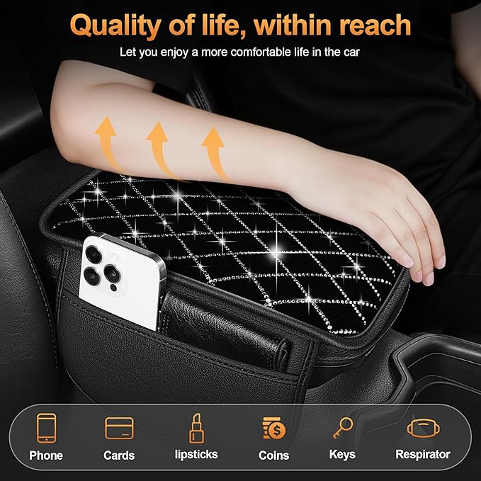 Center Console Cover Fit for Kia Sorento 2003-2025 with 2 Storage Bags Quilted-Studded Leather Quilted Pattern Car Armrest Cover Cushion Anti-Slip(Black&Quilted)