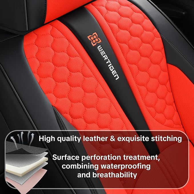 Red Car Seat Covers Full Set – Luxury Waterproof Leather Auto Seat Protector with Airbag Compatible Design, Breathable Non-Slip Cushion, Easy Installation, Fits Most Cars