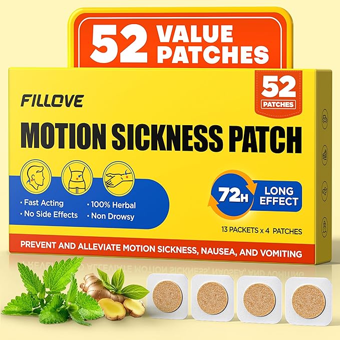 FILLOVE 52ct Motion Sickness Patches Non-Drowsy, 72H Lasting Sea Sickness Patches Cruise Essentials 2026, 100% Natural Motion Sickness Patch Travel Essentials for Car Airplane Ship Altitude Sickness