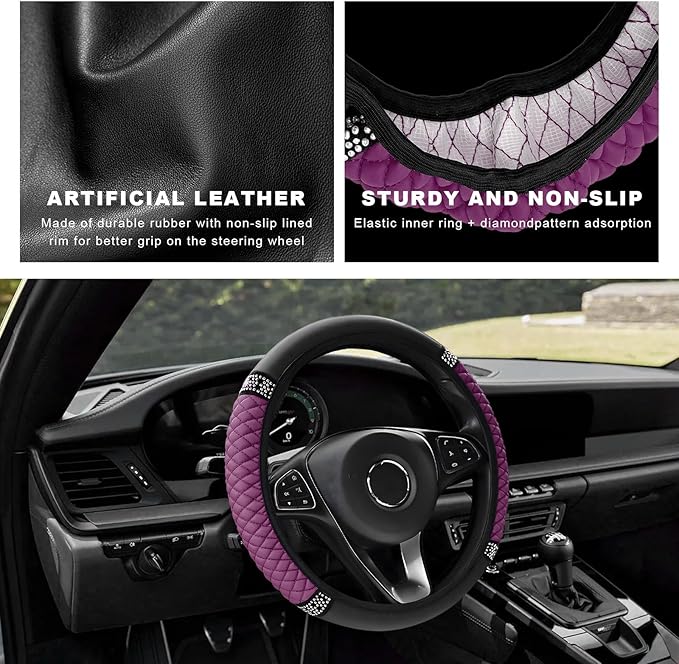 Bling Soft Leather Steering Wheel Cover, 14.5-15 Inch Sparkly Rhinestones Non-Slip Car Steering Wheel Protector, Elastic Auto Steering Wheel Cover Interior for Women Girls (Purple)