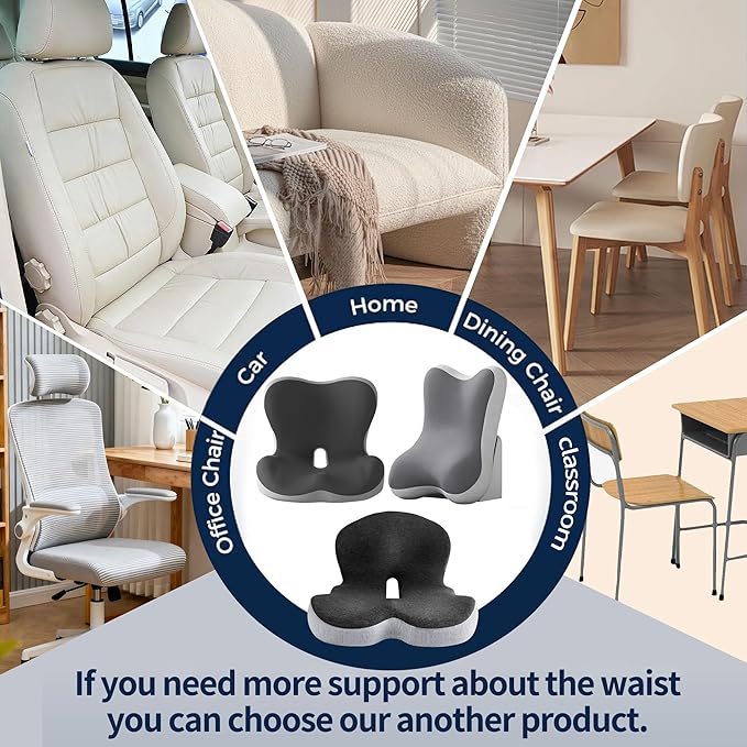 Onever Ergonomic Memory Foam Seat Cushion, Lumbar Support Non Slip for Truck Driver Long Driving Office Chair Back Tailbone Pain Relief Grey