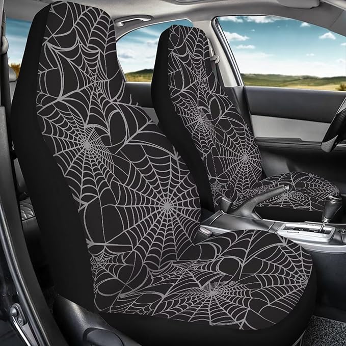 KEIAHUAN Halloween Spider Web Front and Back Car Seat Covers Front Saddle Blanket Rear Split Bench Protection Cover Fit Most Vehicle Truck,SUV (Black)