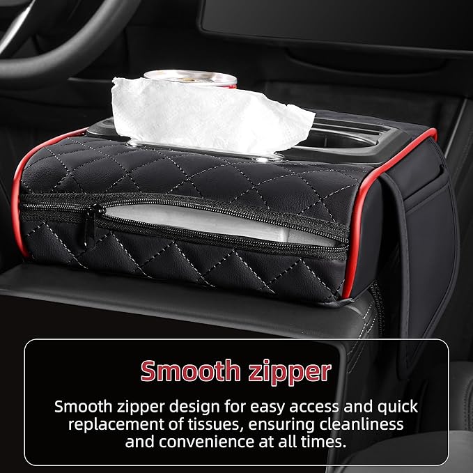 5 in 1 Car Center Console Cover, Armrest Pad with 2 Storage Pockets, Cup Holder, Tissue Box Slot, Phone Holder, Universal Car Interior Organizer (Black with Red Stitching)