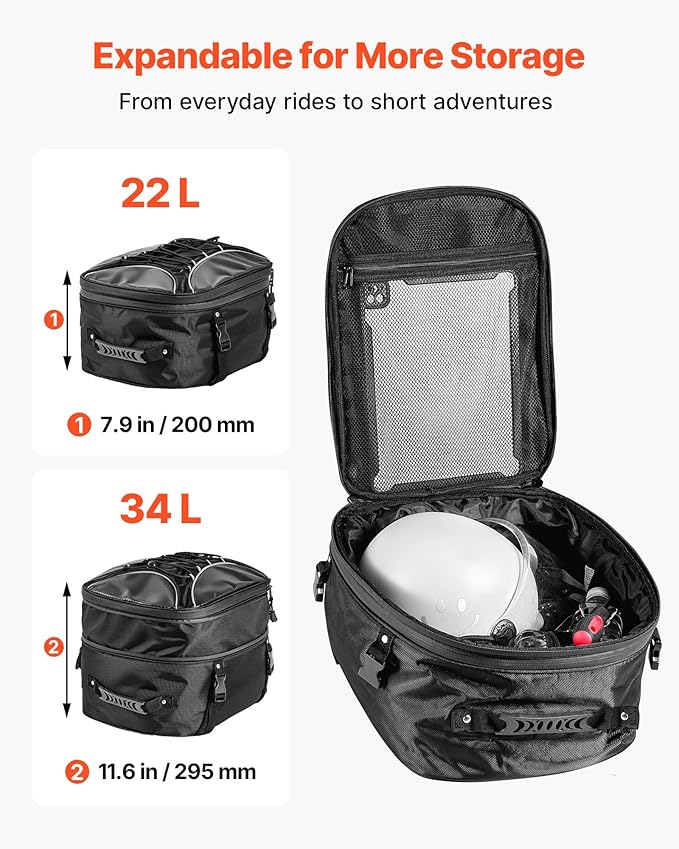 VEVOR Motorcycle Tail Bag, Dual Use Motorcycle Rear Seat Bag with Waterproof Rain Cover, 22-34 L Expandable Outdoor Sports Motorbike Luggage Storage Backpack Handbag with Straps