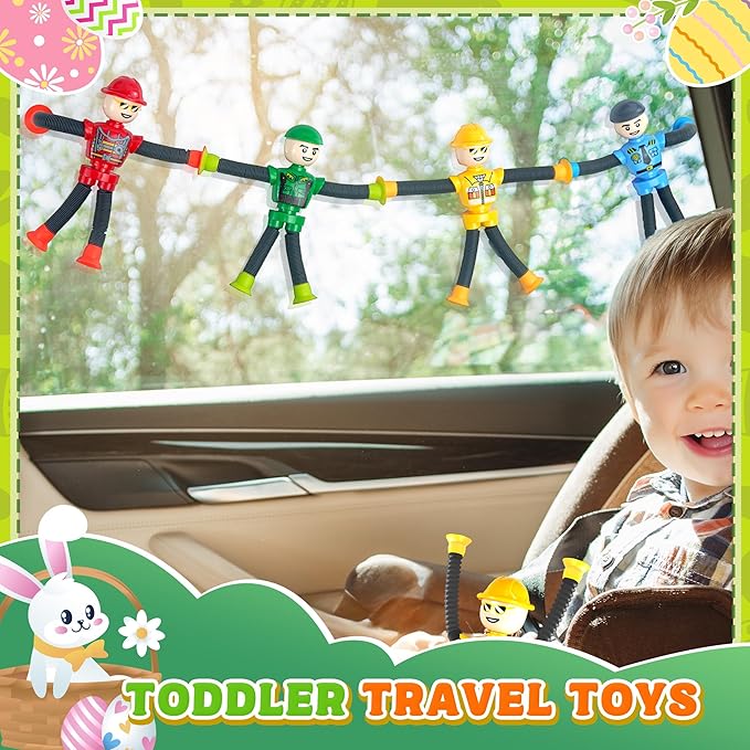 4Pcs Robot Sensory Travel Toys for Boy Toddlers Kids Year Old Ages 3 4 5 6 7 8 9, Airplane Travel Activities Suction Autistic Pop Tube Autism Fidget Toys Easter Basket Stuffer Valentine Gifts