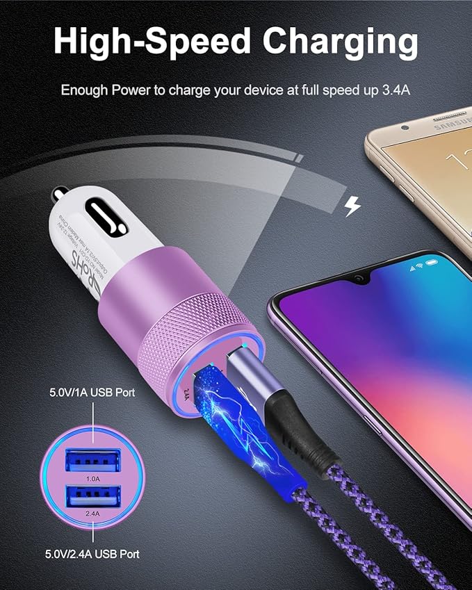 USB Car Charger, 2Pack Automobile Lighter Adapter Dual Port Cigarette Cargador Carro Cell Phone Charger for Samsung, iPhone, Google, Kindle, Double Port 3.4a Fast Charging Power Block