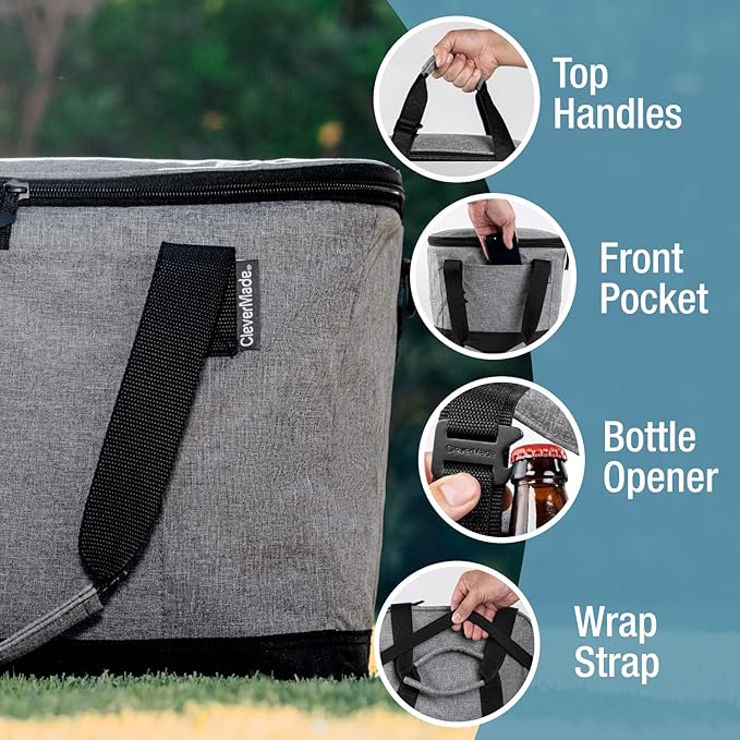 CleverMade Collapsible Insulated Cooler Bag – Leakproof Soft Cooler for Beach, Travel, Car – Bottle Opener