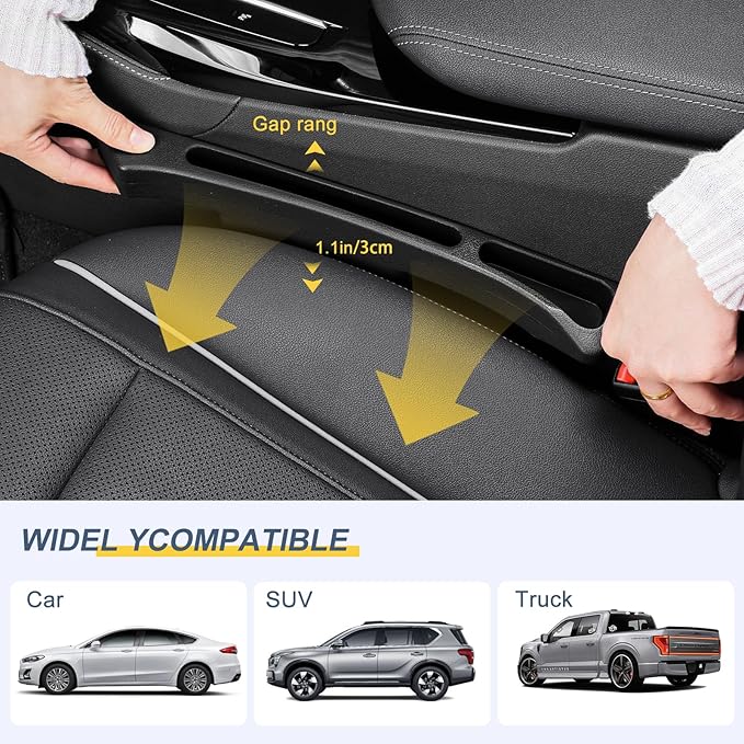 Car seat Gap Filler 2-Piece Multi-Functional Storage Belt with PU Material, seat Side Gap Filler to Prevent Items from Falling, Universal for Cars, SUV, Trucks (Black)