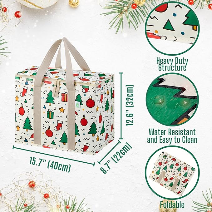 VENO 2 Pack Cooler Bag, Insulated Grocery Bags for Food Delivery, Collapsible Cooler, Reusable Shopping Bags for Groceries, Hard Bottom, Water Resistant, Zippered, Foldable (Jingle Mix, 2 Pack)