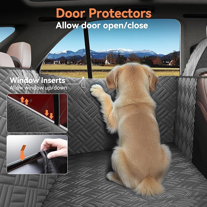 Dog Car Seat Cover for Back Seat- Heavy Duty Waterproof-Hard Bottom Backseat Extender Fits Sedan SUV & Small Truck, Full Coverage for Doors, Rear Seats & Front Headrests