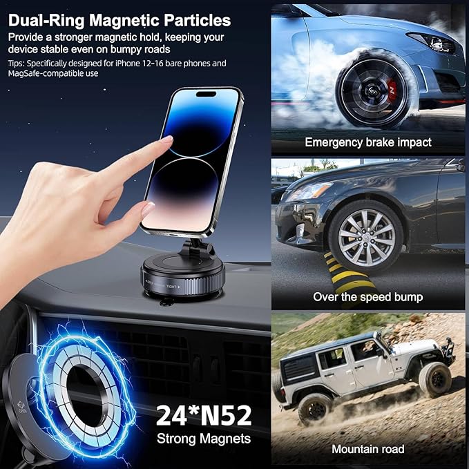 Jikasho Vacuum Magnetic Car Phone Holder for Magsafe, Hands-Free 360° Adjustable Suction Cup Phone Mount for Car/Gym/Mirror/Smooth Surface, Compatible with iPhone & Android (Black)