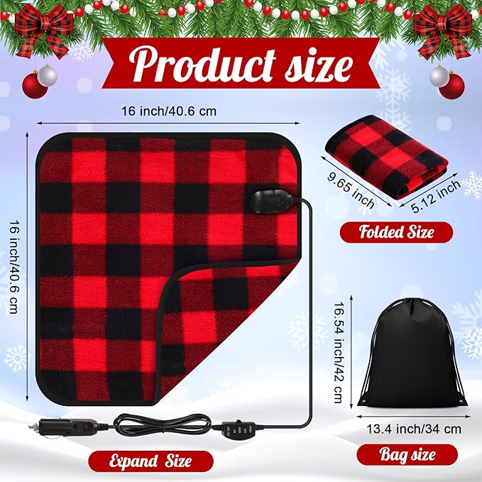 Tuanse 16 x 16 Inches Car Electric Blanket 12 Volt Heated Car Blanket with Temperature Controller and Black Storage Bag Cold Weather Tailgating and Emergency Kit(Red Black,Squares)