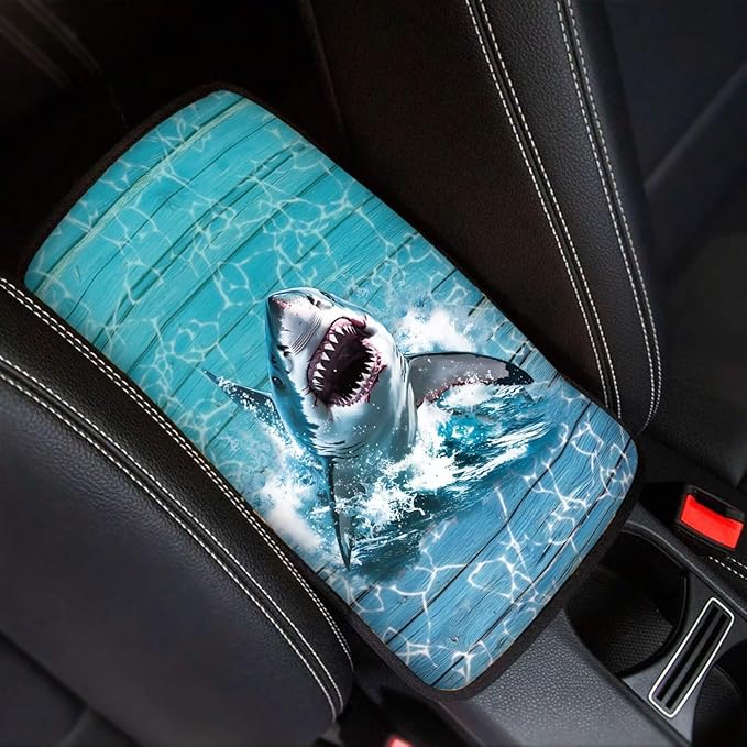 Suobstales Shark Wood Print Car Armrest Pad Soft Center Console Arm Rest Protector Cover Universal Car Interior Accessories Decoration