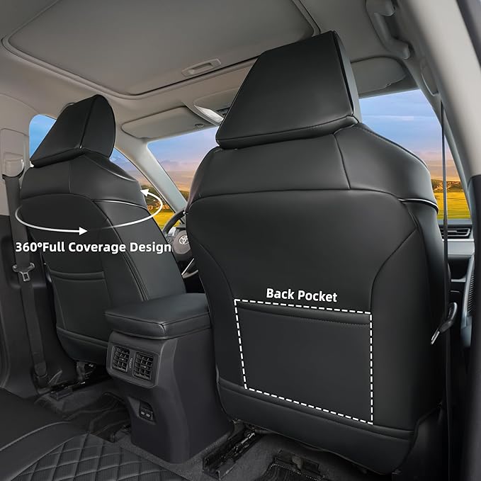 Lolcar Rav4 Seat Covers Custom Fit for Toyota Rav4 (for Hybrid) 2019-2025 LE,XLE,XLE Premium,Limited,Woodland Edition, Leather Truck Seat Cover Full Set for SUV,Faux Leather(Grid Black)