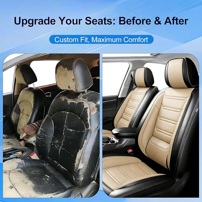 Fit Blazer Car Seat Covers for Select Chevrolet/Chevy Blazer 2019-2026, Premium Full Coverage Leather, Airbag Compatible, Waterproof All Weather Seat Cushion Protector, Front Pair Black+Beige