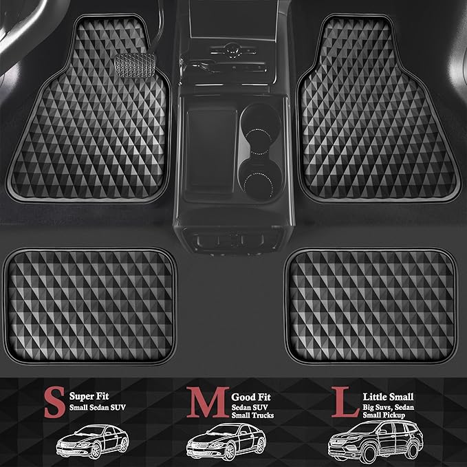 CAR PASS Deep Tray Rubber Car Mats, Heavy Duty All-Weather Floor Mat for Car, Durable Anti-Slip 3D Rhombus Waterproof Car Floor Mats, Universal L~S Fit for Truck SUV Vehicle Automotive, 4 Pieces Black